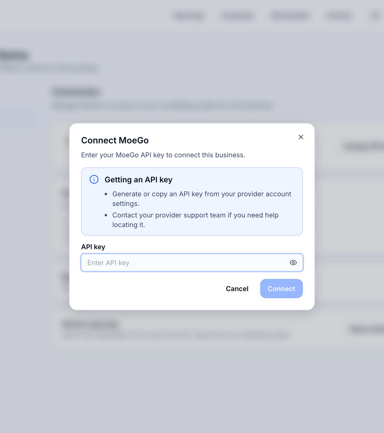 Connecting MoeGo — Connect MoeGo dialog showing the API key field and the Connect button.
