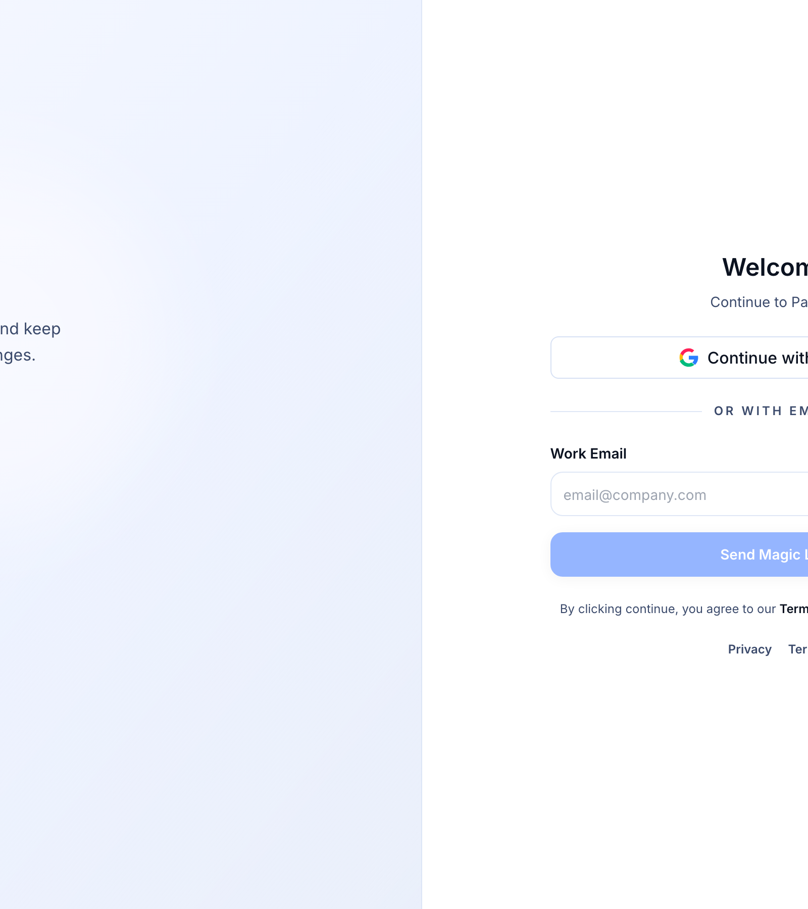 Creating your account — The Patcher login page with the &ldquo;Continue with Google&rdquo; button highlighted.