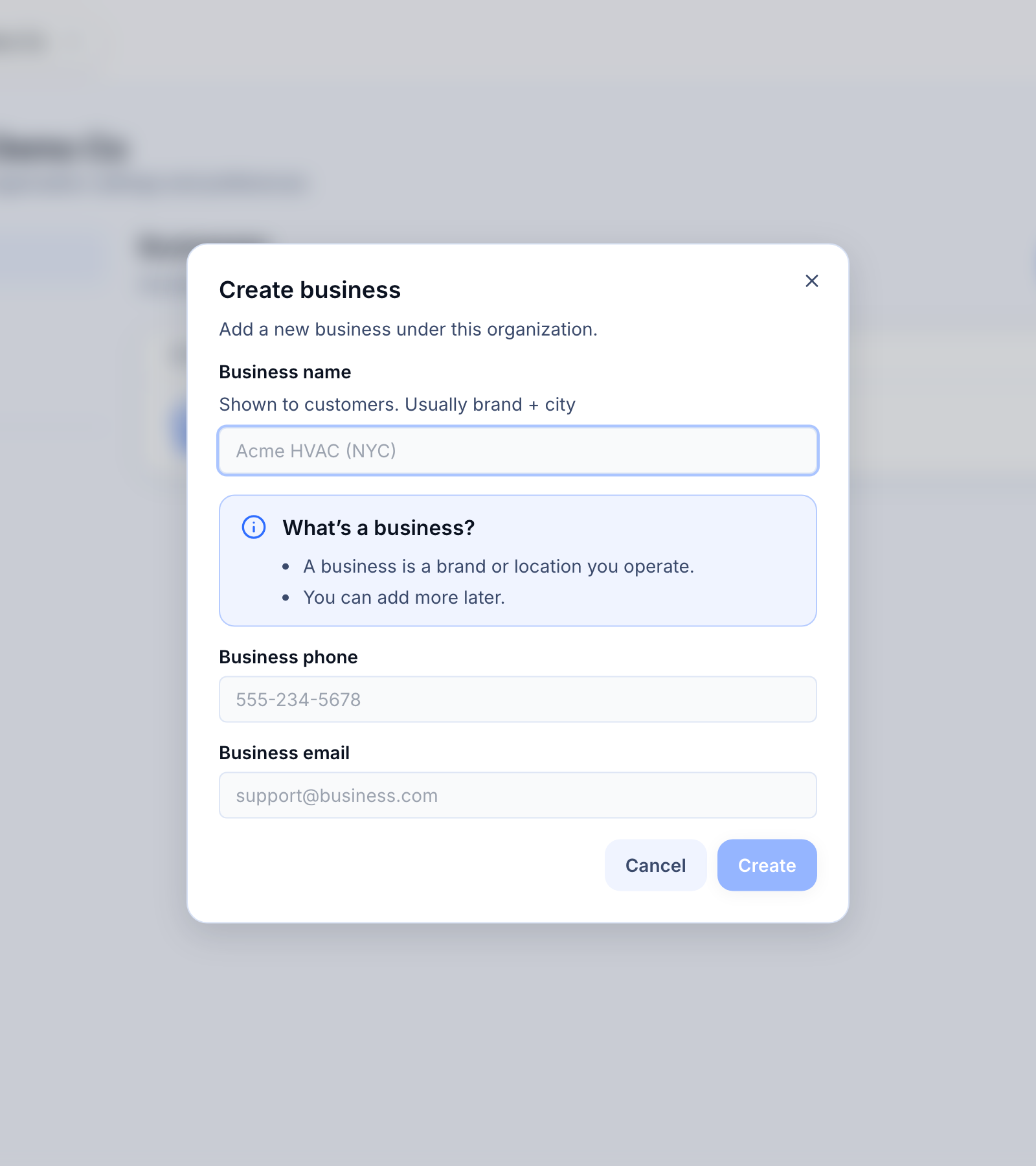 Creating your first business — the Create business dialog with name, phone, and email fields