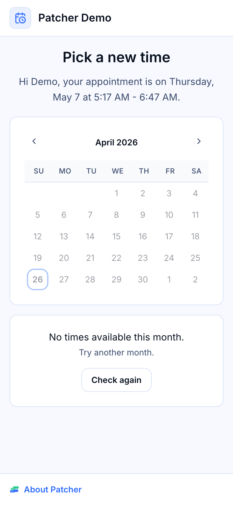 How customers reschedule from the text message — reschedule page with calendar and slot list on mobile