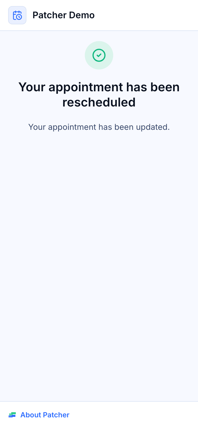 How customers reschedule from the text message — success page showing the new appointment time