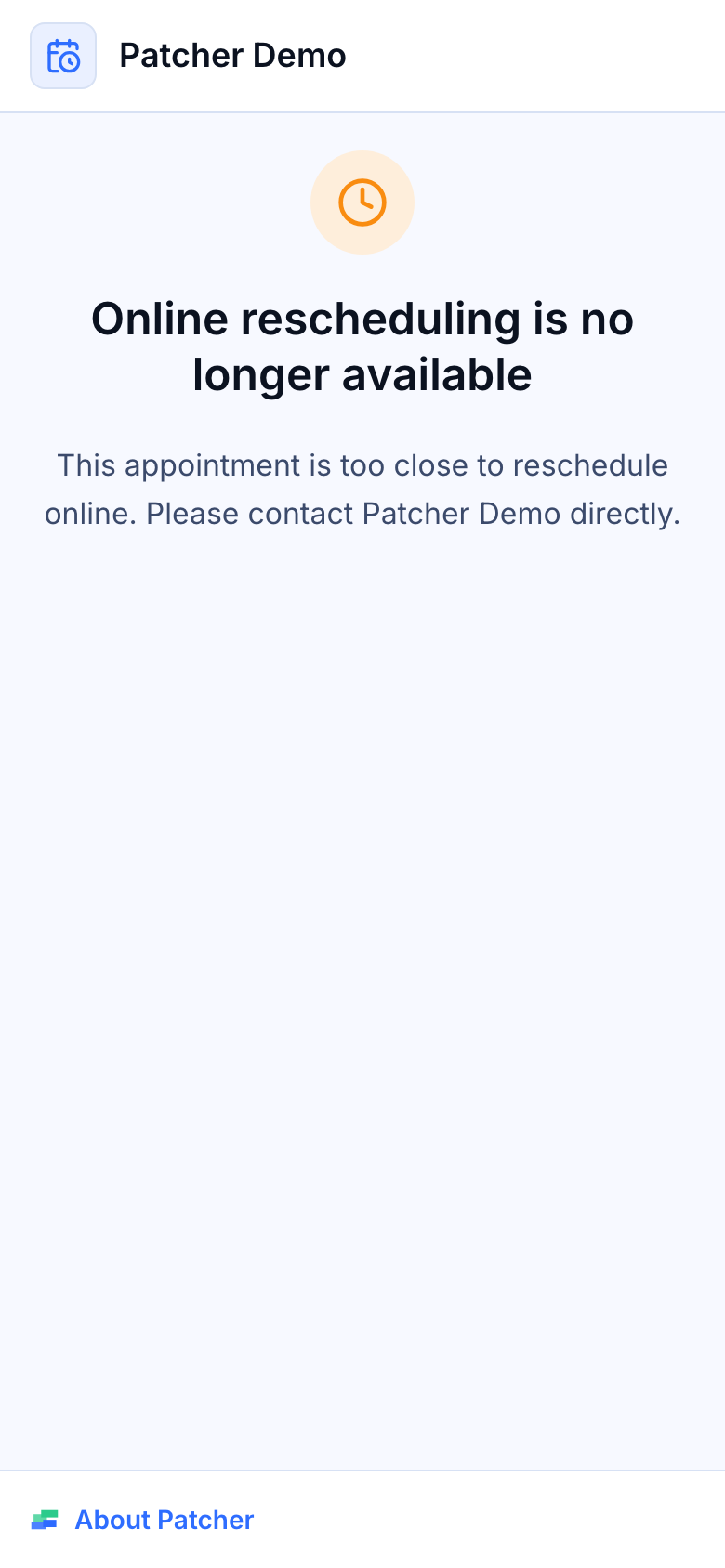 How customers reschedule from the text message — expired state with business phone fallback