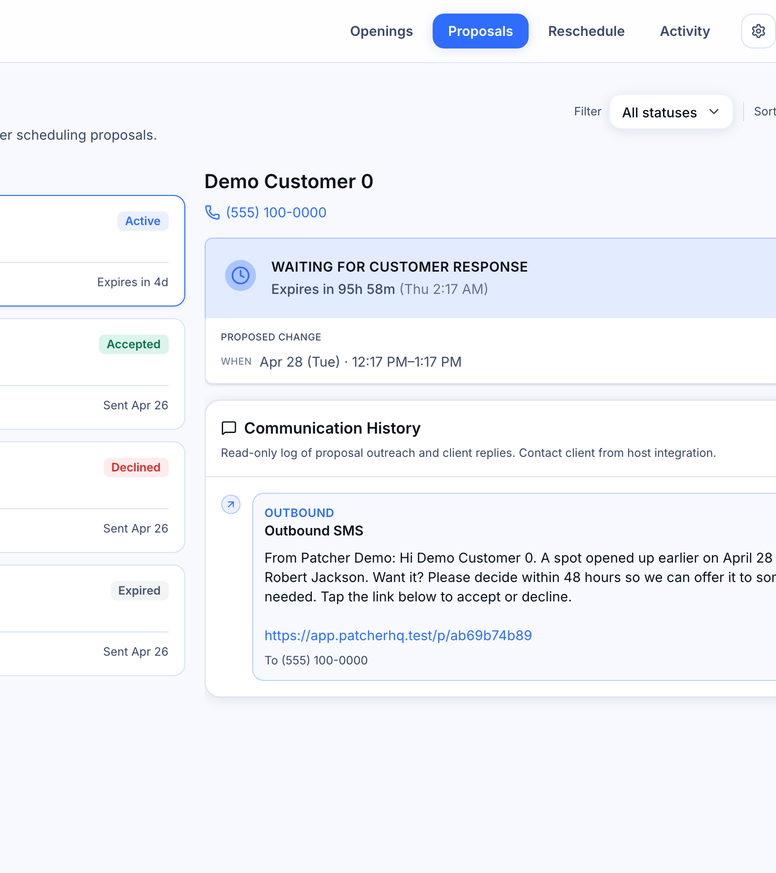 How proposals work end-to-end — Proposals page with the list on the left and a proposal detail on the right