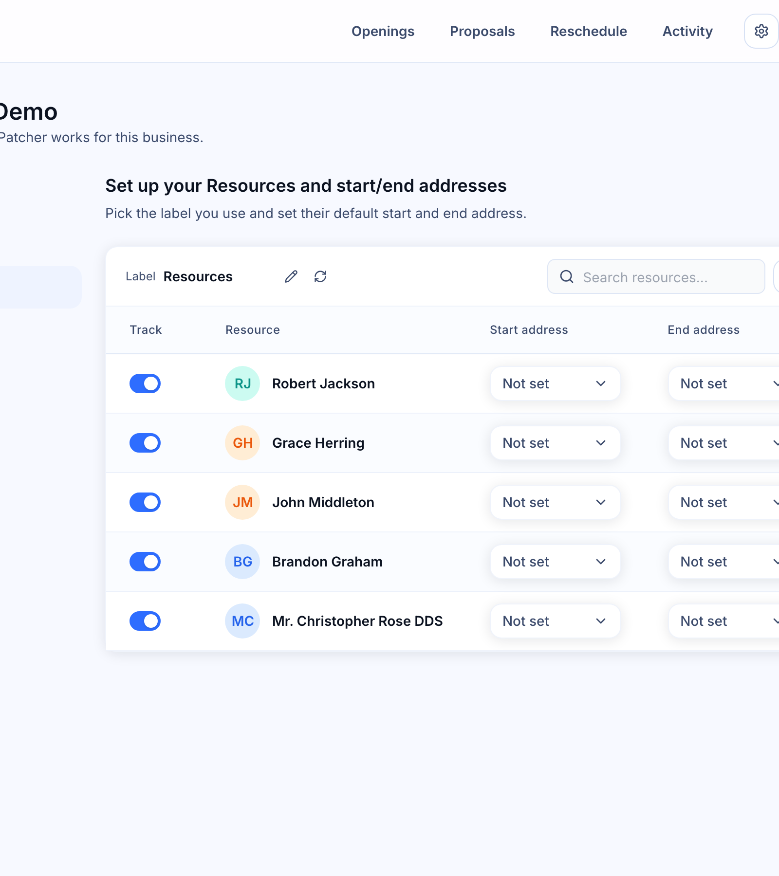 Managing Resources (staff and technicians) — the Resources settings page with the label toolbar, search field, and the resource table
