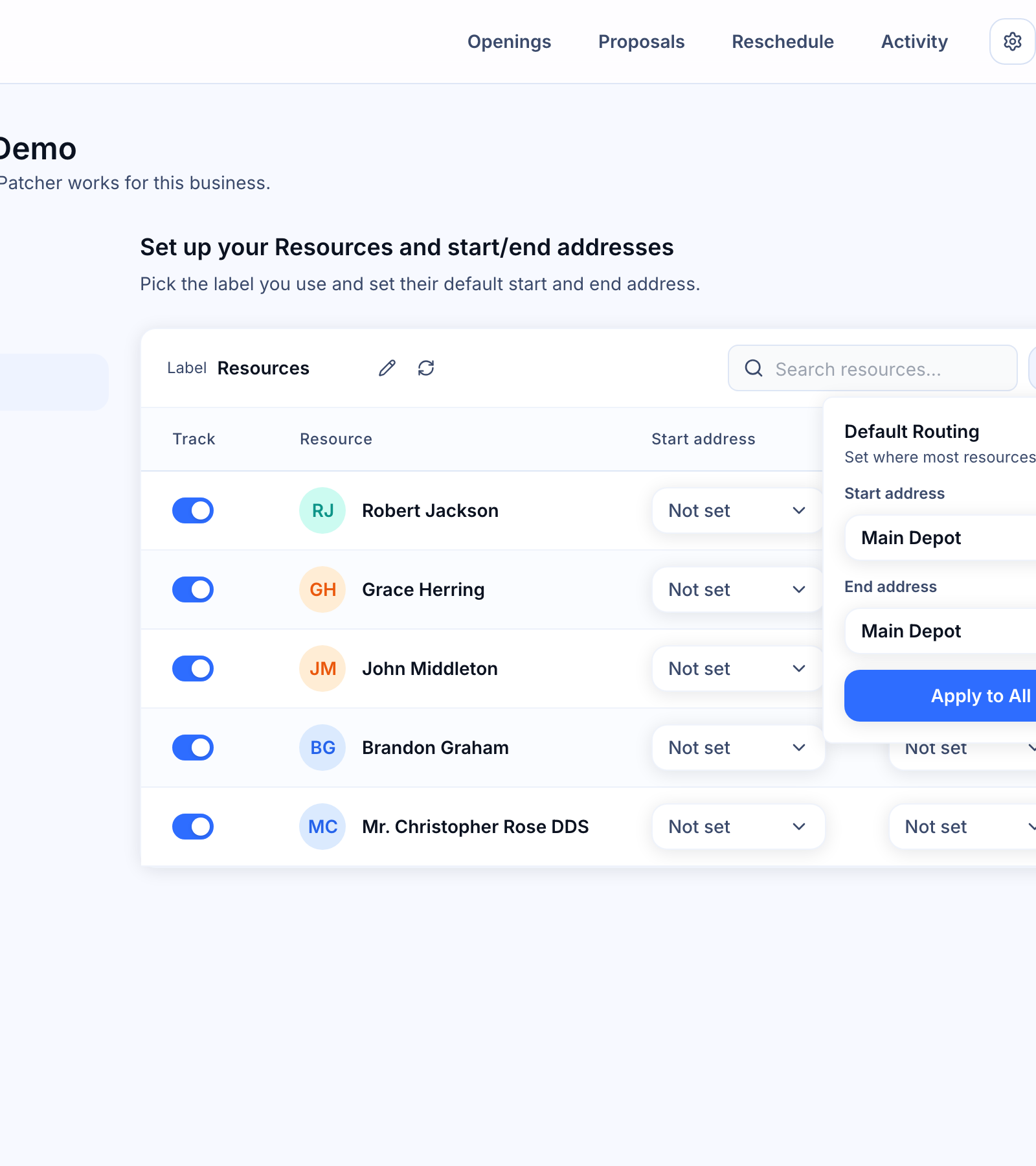 Managing Resources (staff and technicians) — the Default Routes popover and the per-row location dropdowns