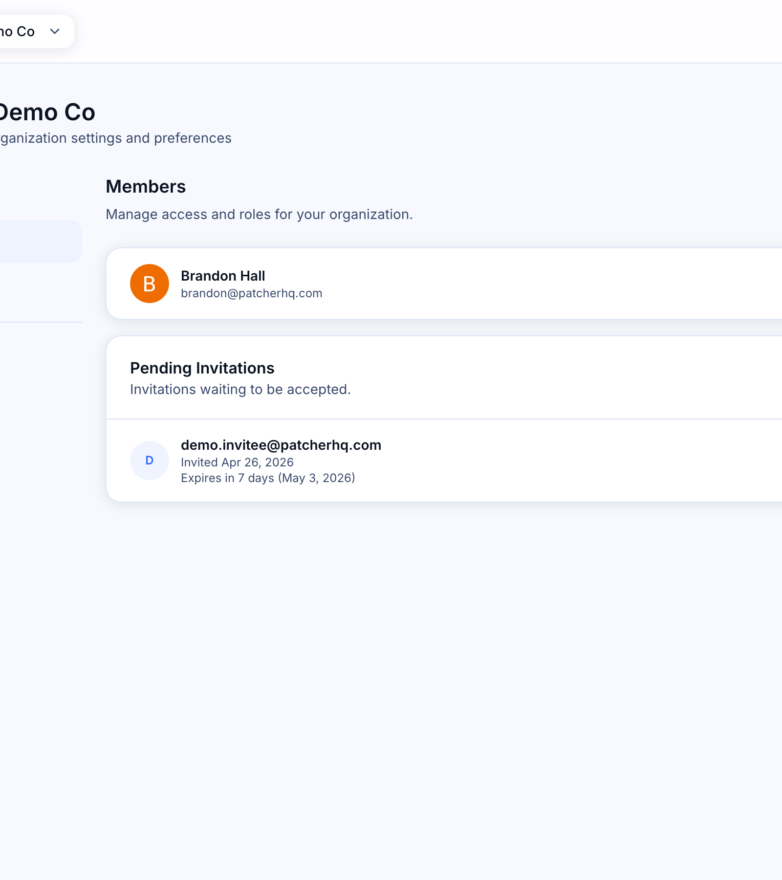 Members, roles, and invitations — Pending invitations list with Extend and Revoke actions visible