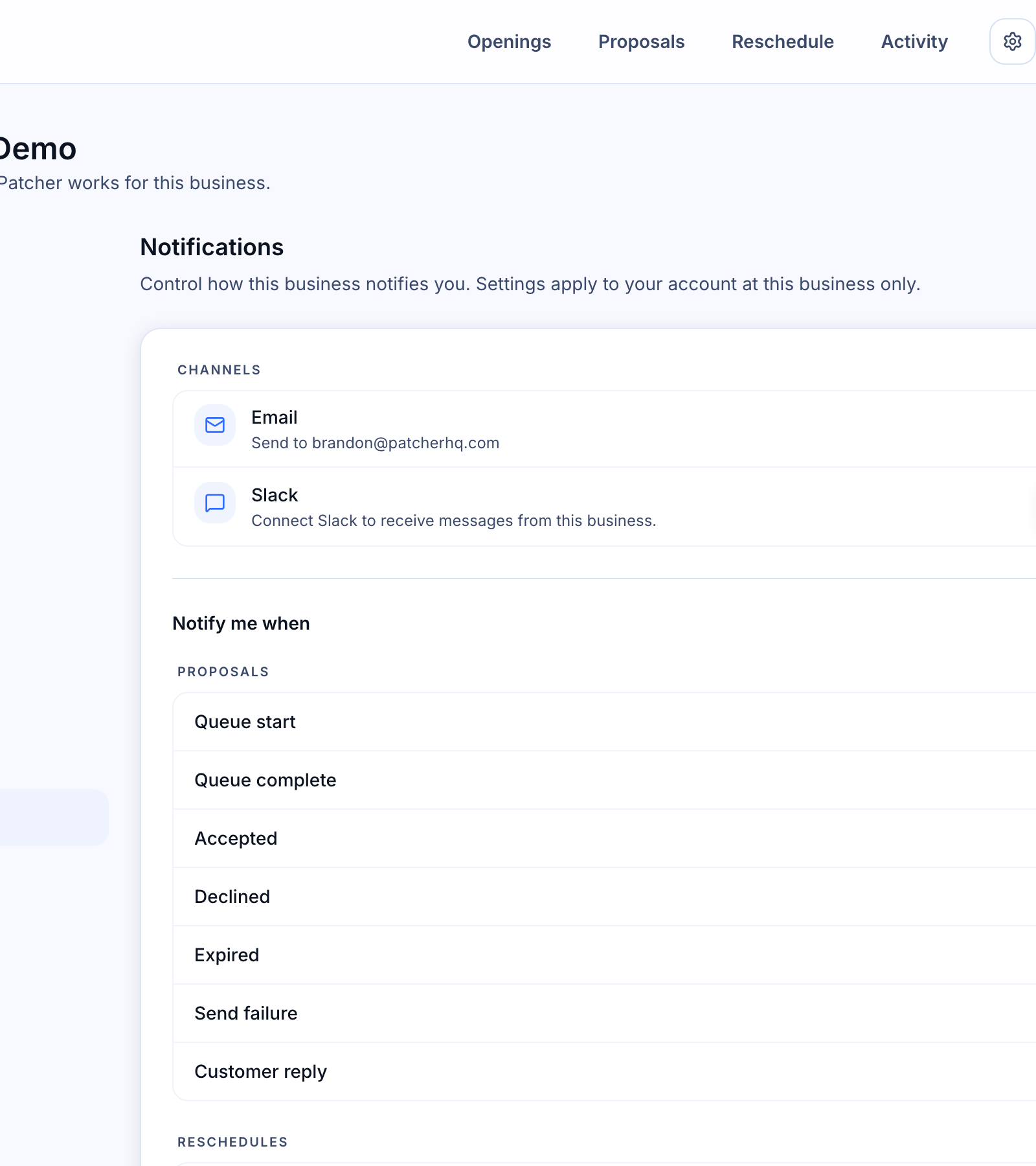 Notification events and preferences — the Notify me when card expanded, showing Proposals, Reschedules, Integrations, and Openings groups with toggles