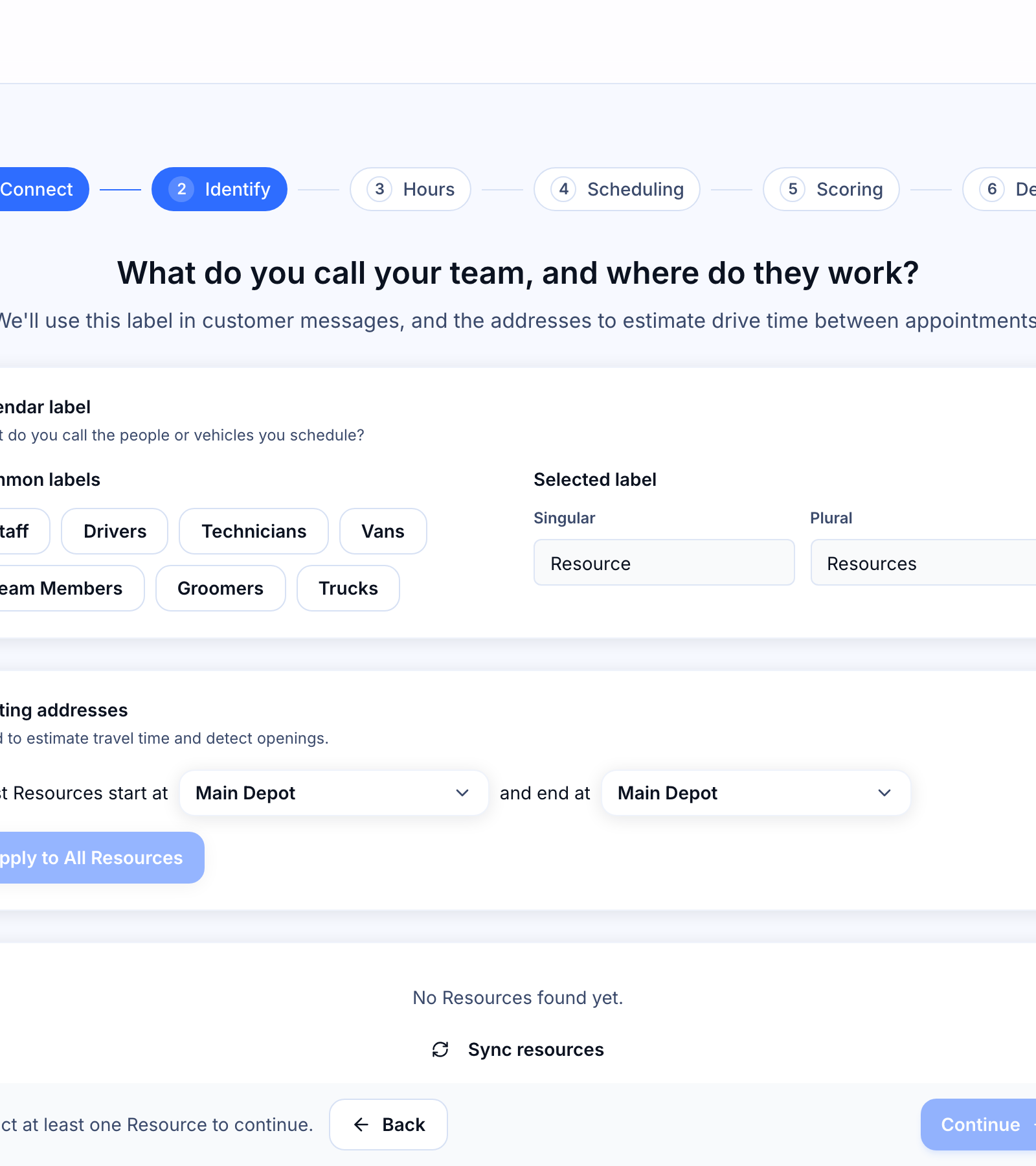 Onboarding: Identify your workspace and resources — Included Schedules list with toggles and per-row address overrides