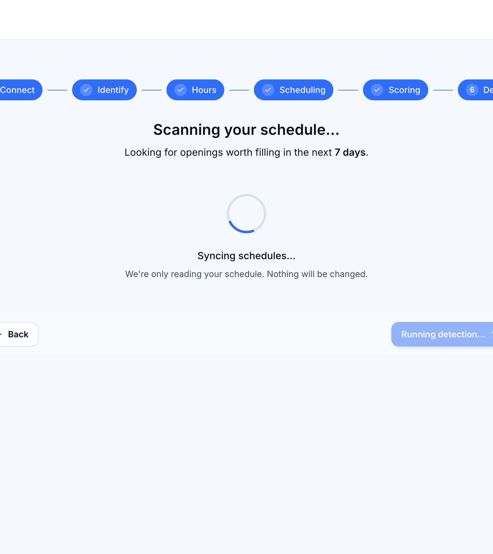 Onboarding walkthrough — overview — Detect step success state showing the opening count and the View openings button