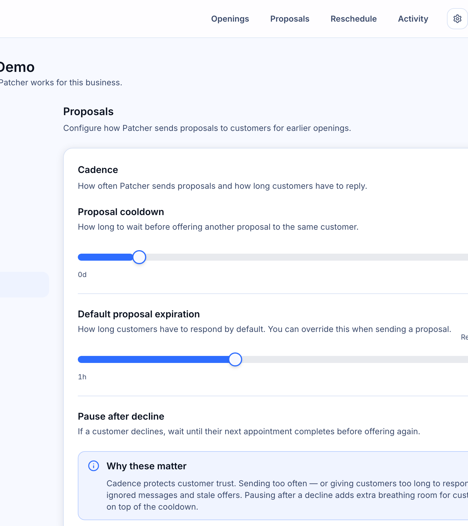 Proposal settings and message templates — Proposal Delivery tab showing the Cadence card with the Proposal cooldown slider, Default proposal expiration slider, and Pause after decline toggle.