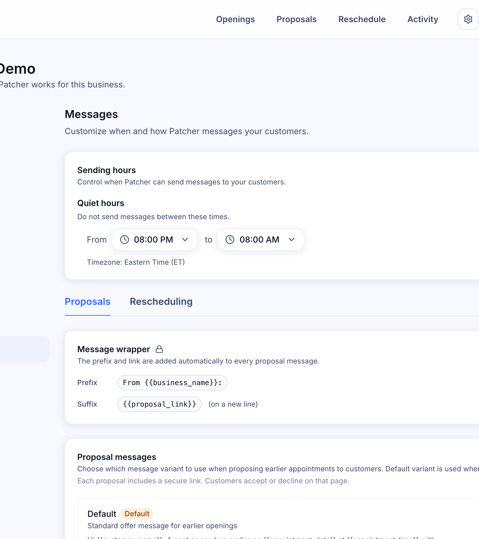 Proposal settings and message templates — Proposal Messages tab showing the Message wrapper card, Proposal messages list with a default variant starred, and the Transactional messages list.