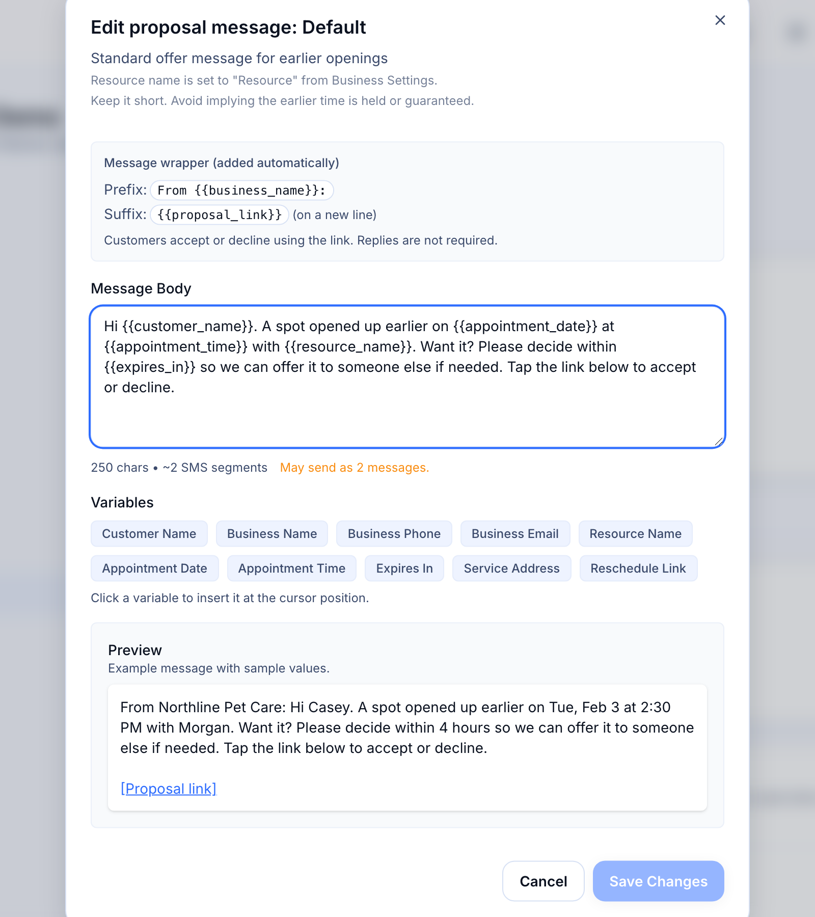 Proposal settings and message templates — Template editor dialog open on a proposal variant, showing the Message Body, Variables chips, and Preview panel.
