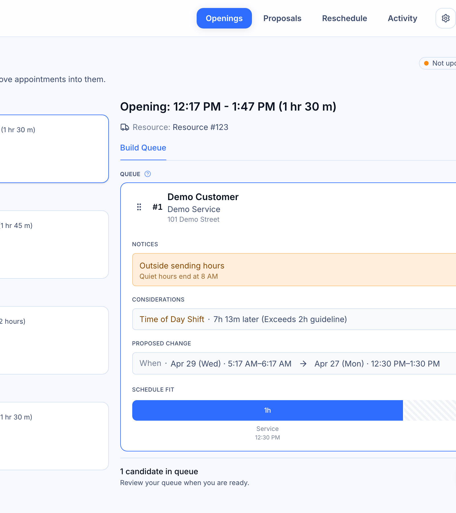 Quick product tour — what you'll do on day one — Top navigation with Openings, Proposals, Reschedule, and Activity tabs highlighted
