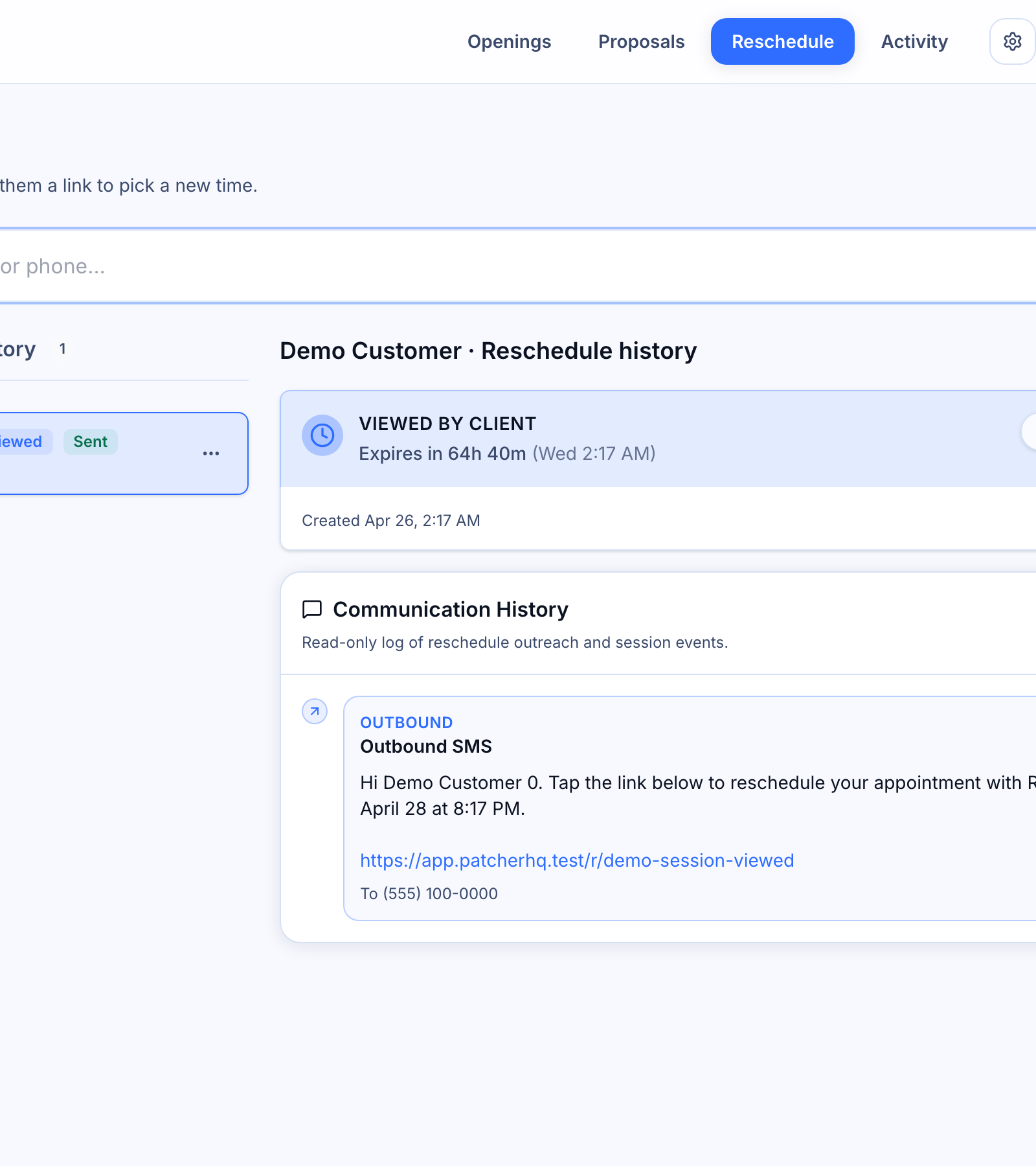 Reschedule Dispatch: an overview — A session timeline showing the status banner, SMS card, and event entries.