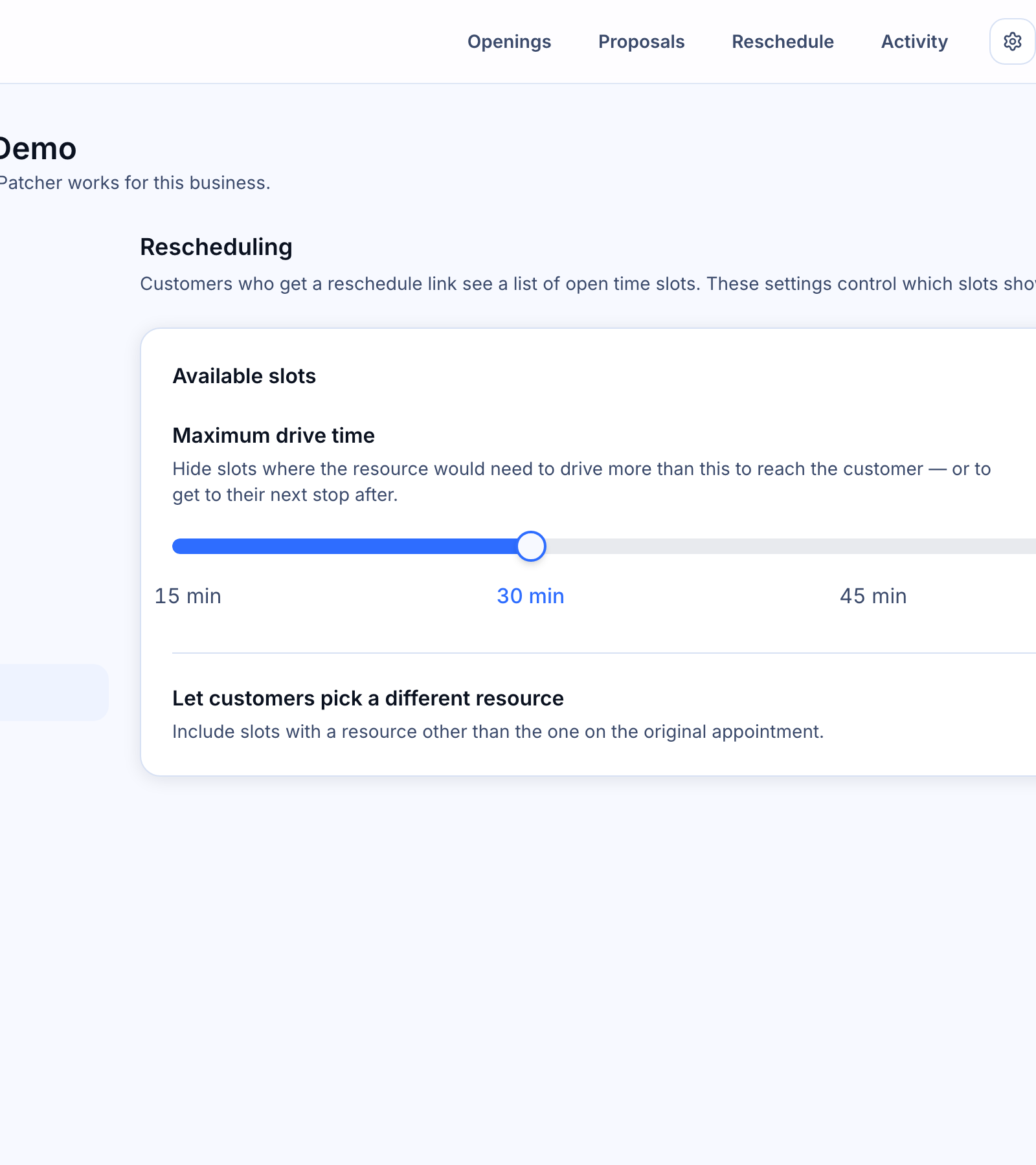 Reschedule settings — Maximum drive time slider set to 30 min