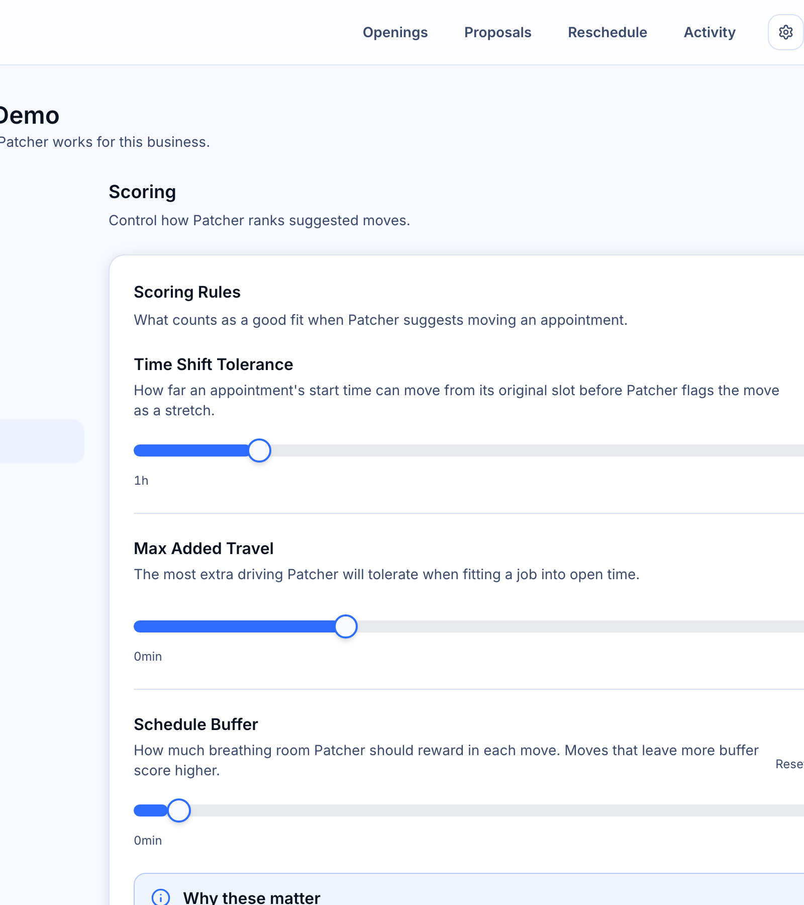 Scoring settings — what each dial does — Save status indicator in the page header