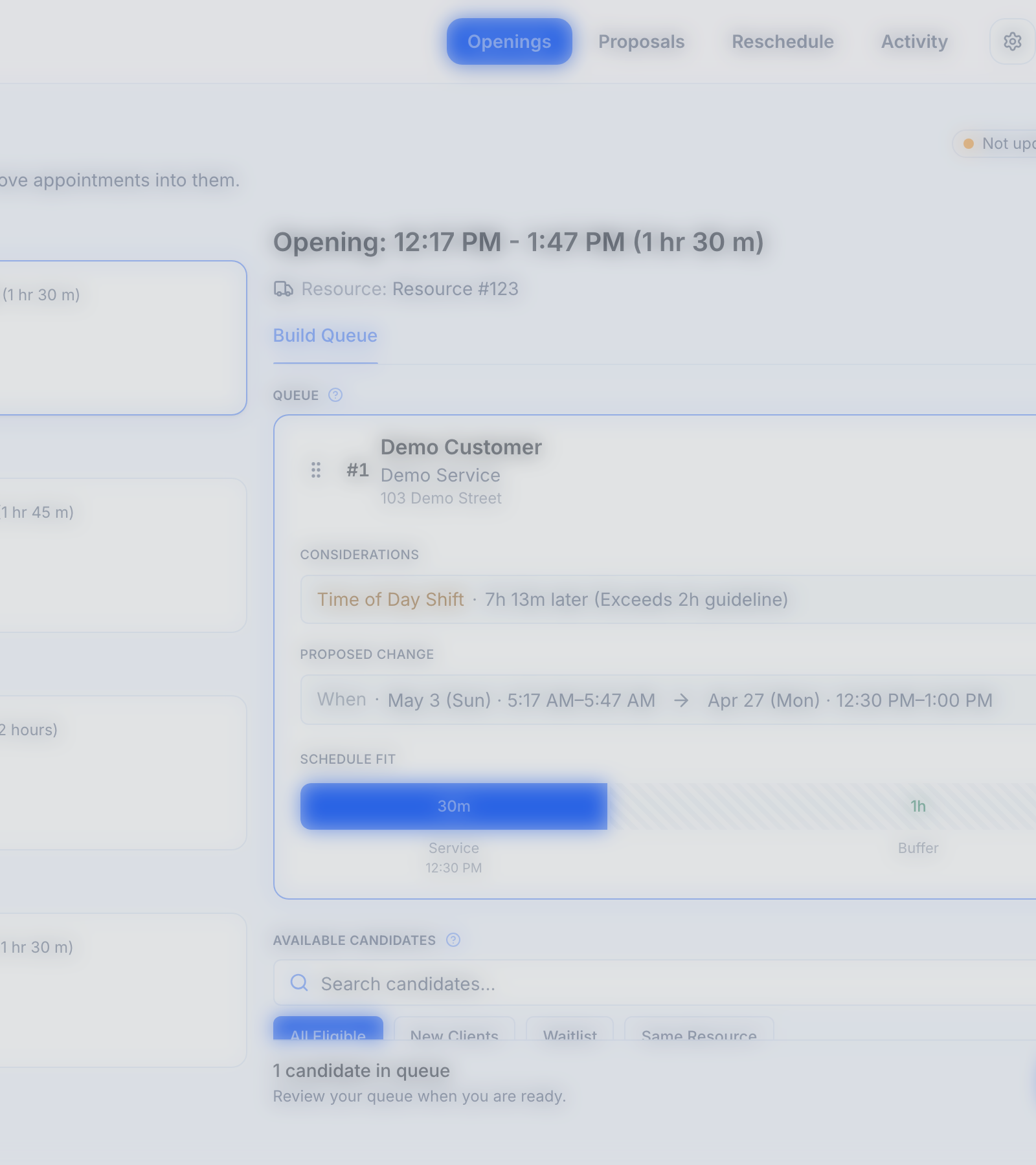 Sending a proposal — Review Candidates drawer showing the Contact Strategy toggle, the ordered list of customers, the message preview, and the Start Queue button