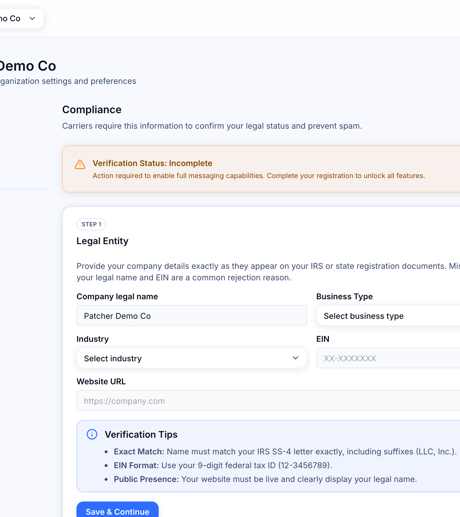 Setting up SMS compliance for your business — Ready for Submission card with certification checkbox and Submit button