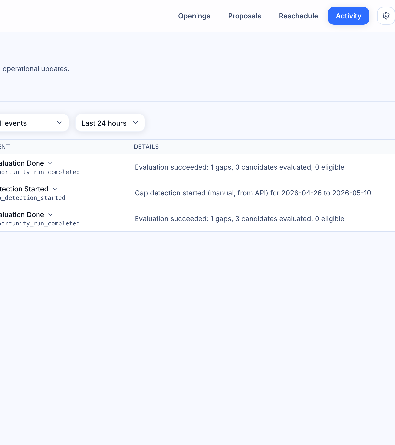 The Activity log: events and SMS — Activity page showing the Events and SMS tabs at the top