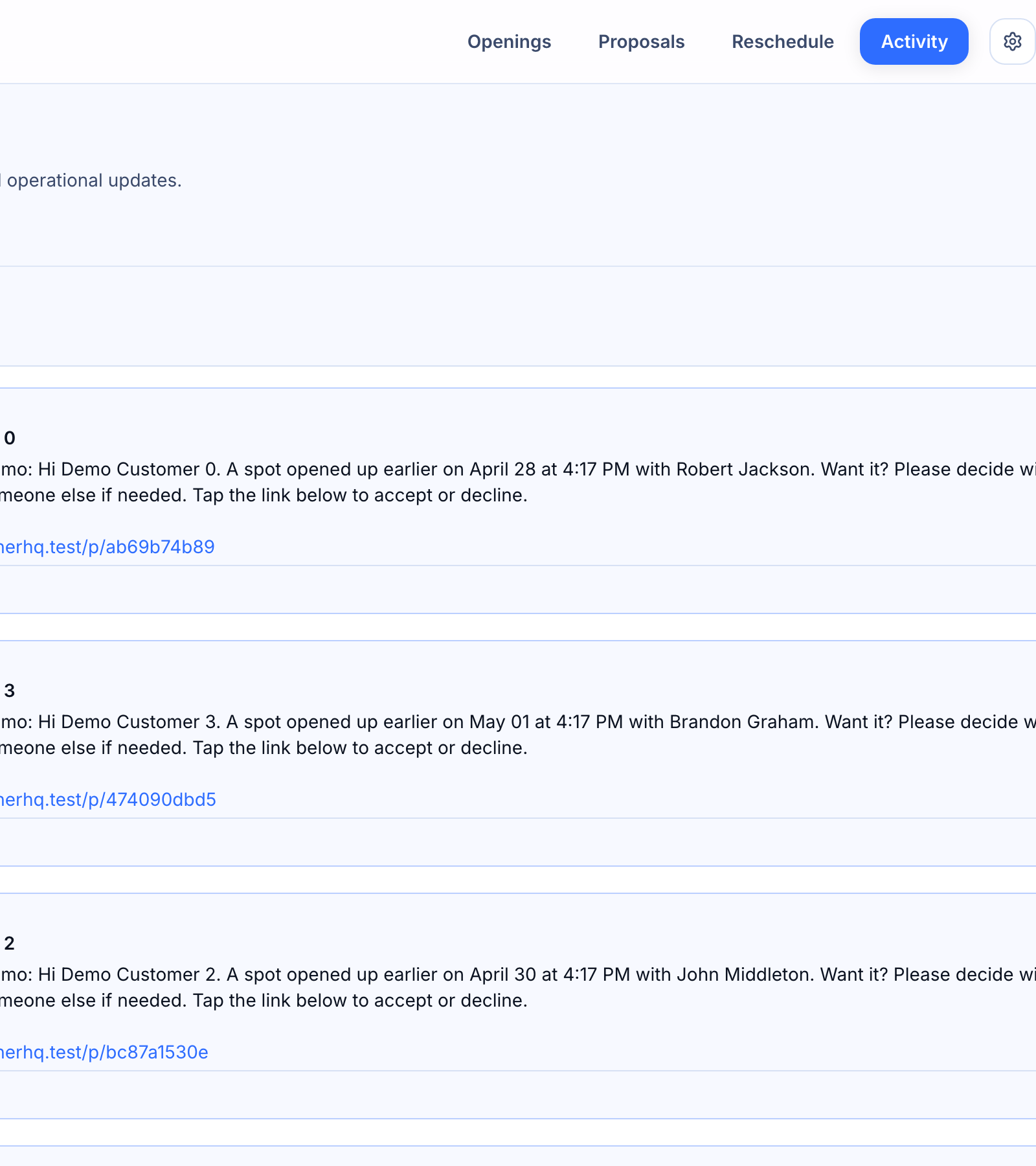 The Activity log: events and SMS — SMS tab showing an outbound proposal followed by the customer&rsquo;s inbound reply