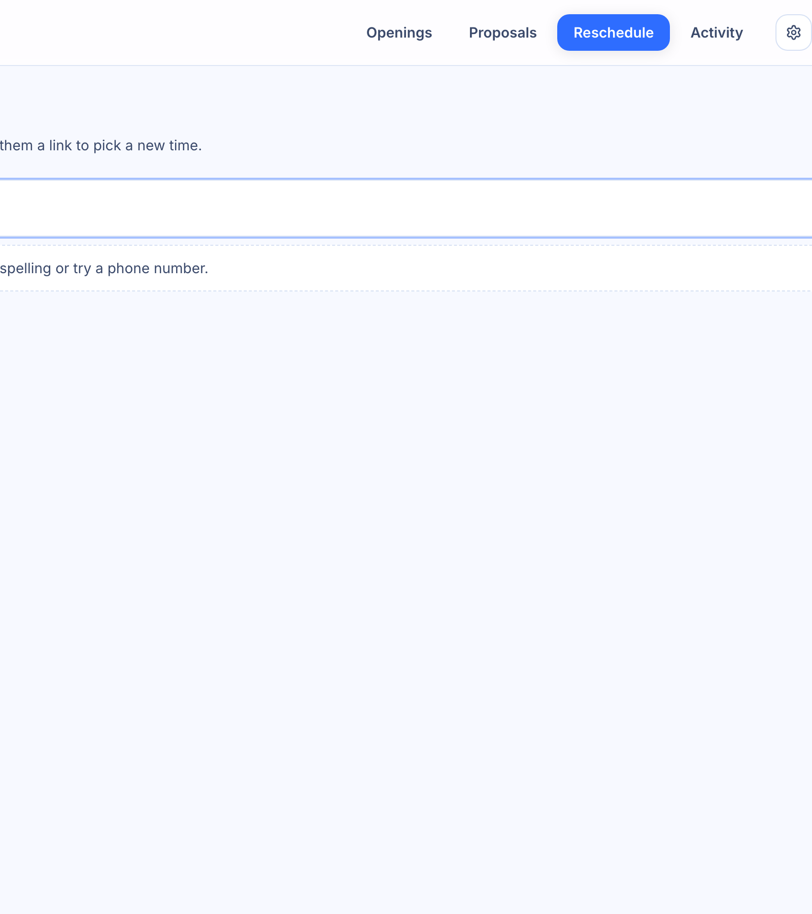 Using Reschedule Dispatch — Reschedule page with the search bar populated and a customer result card showing an upcoming appointment