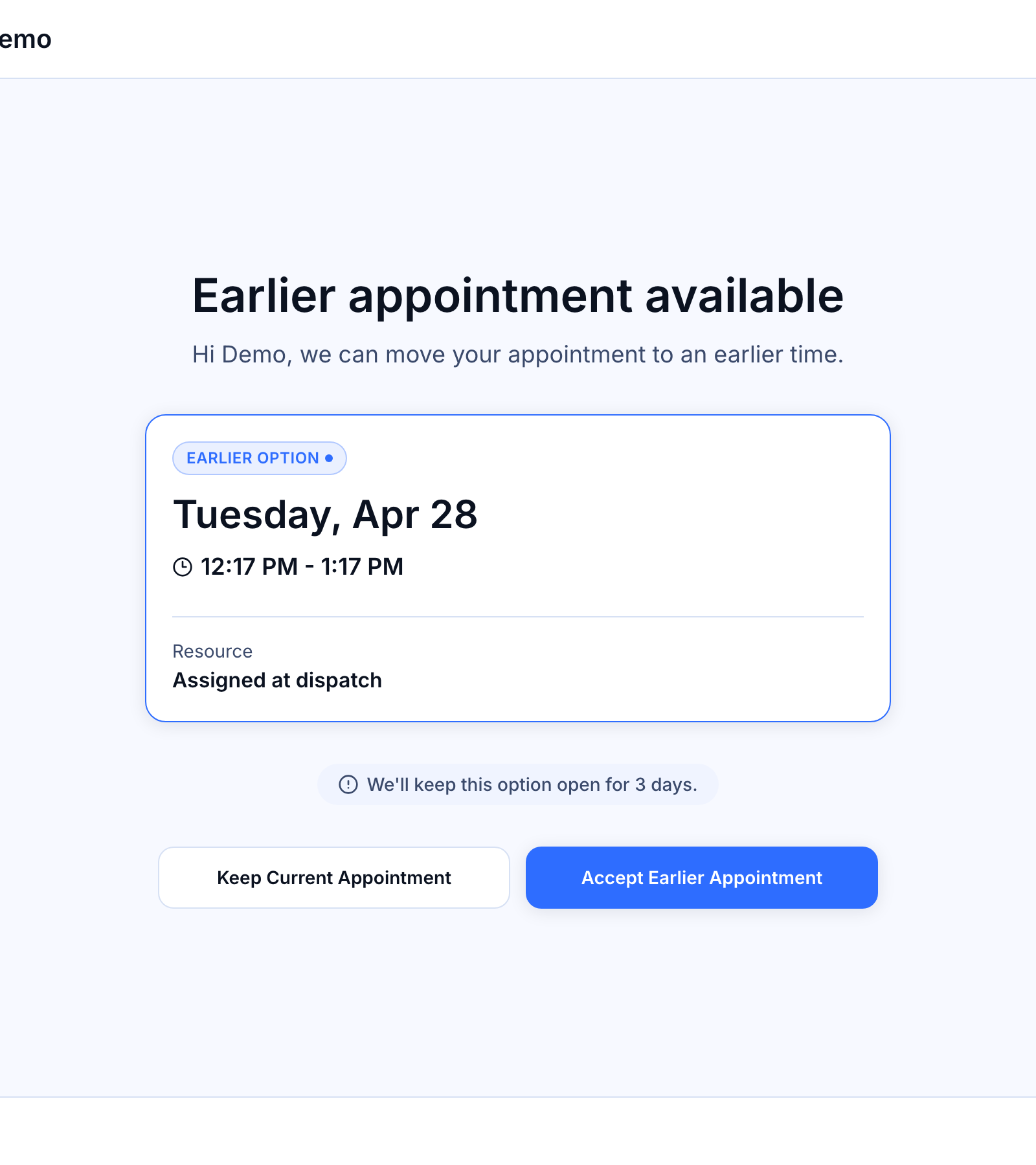 What your customer sees when they receive a proposal — The proposal page showing the two time cards side-by-side, the shift badge, the expiry pill, and the two action buttons.