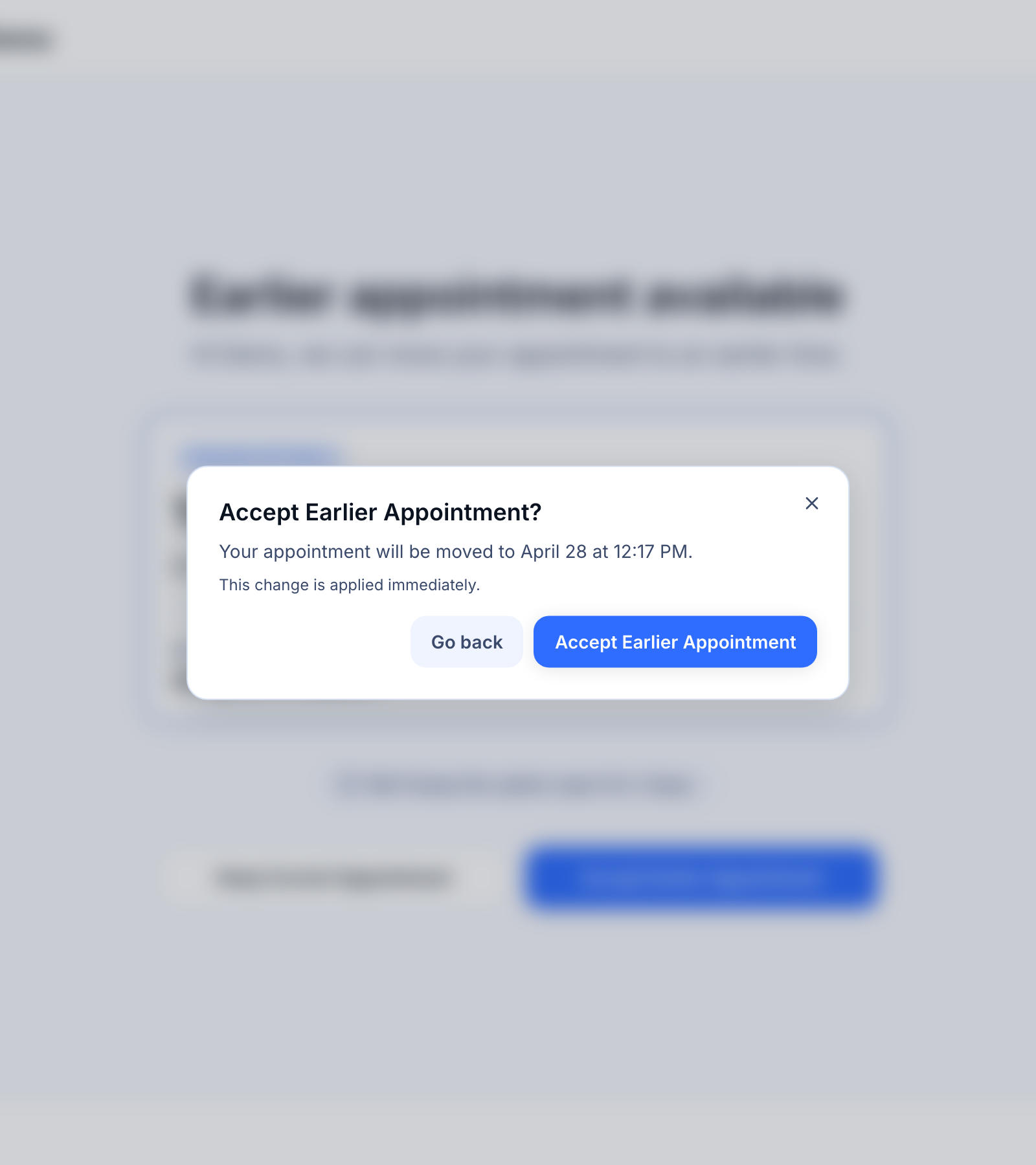 What your customer sees when they receive a proposal — The confirmation dialog on the accept path, showing the title, the new time, and the confirm button.