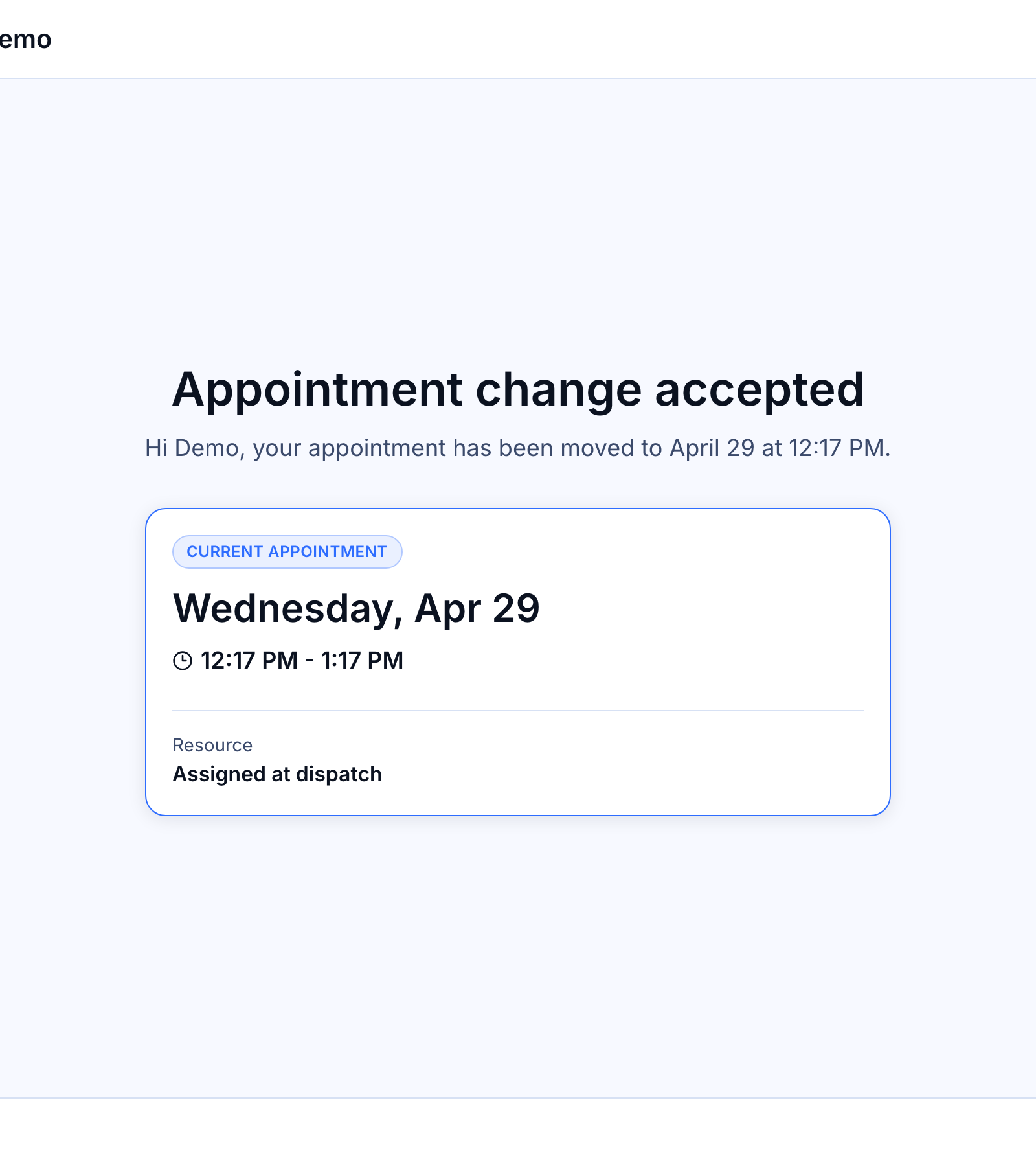 What your customer sees when they receive a proposal — The accepted terminal screen showing the new time card and the confirmation headline.