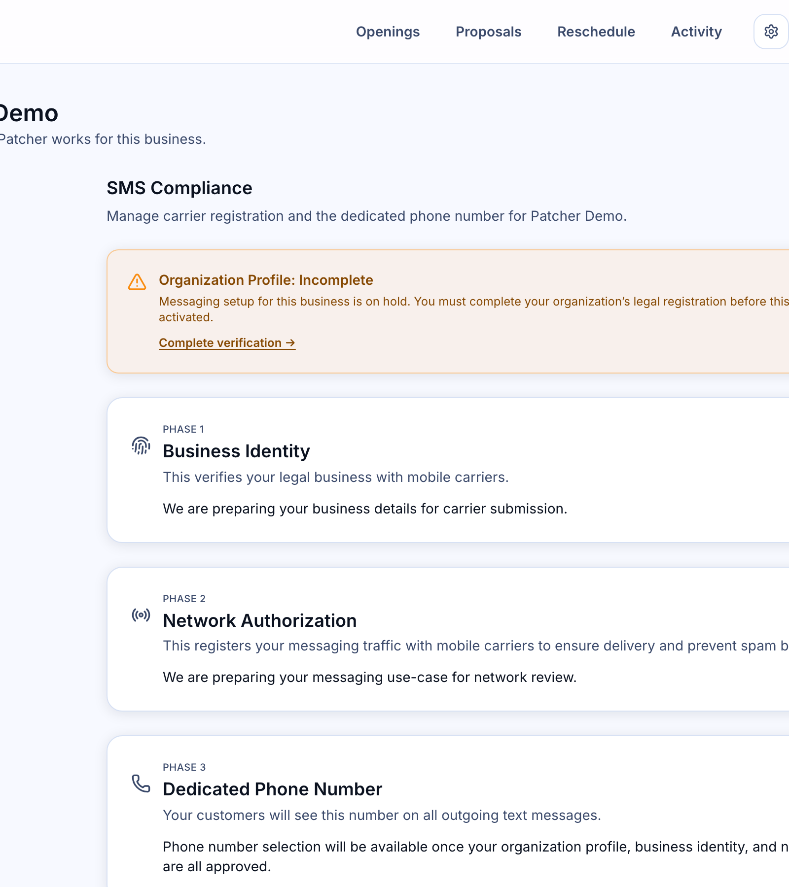 Why SMS compliance matters — Messaging Registration page showing Business Identity, Network Authorization, and Phone Numbers cards